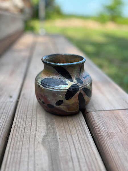 Raku Vase with blue dolphin and Dragonfly